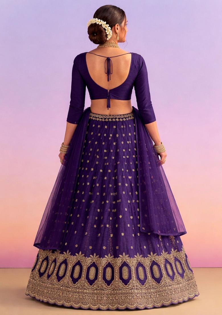 Violet Embroidered Crepe Lehenga Set - Indya