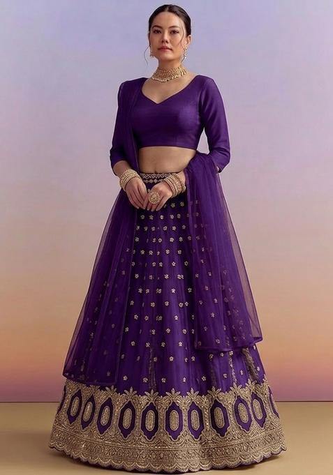 Violet Embroidered Crepe Lehenga Set