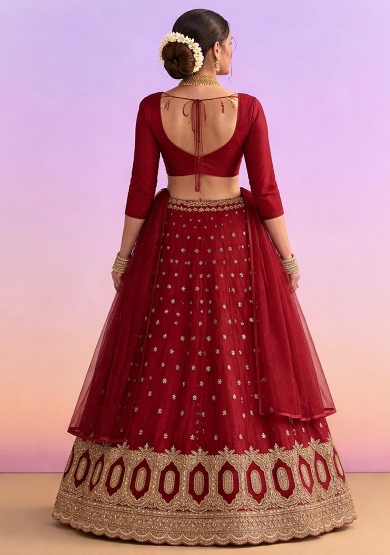 Maroon Embroidered Crepe Lehenga Set - Indya