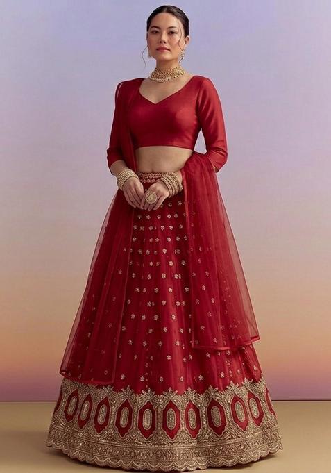 Maroon Embroidered Crepe Lehenga Set