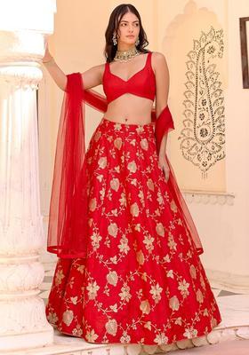 Scarlet Red Jacquard Silk Lehenga Set
