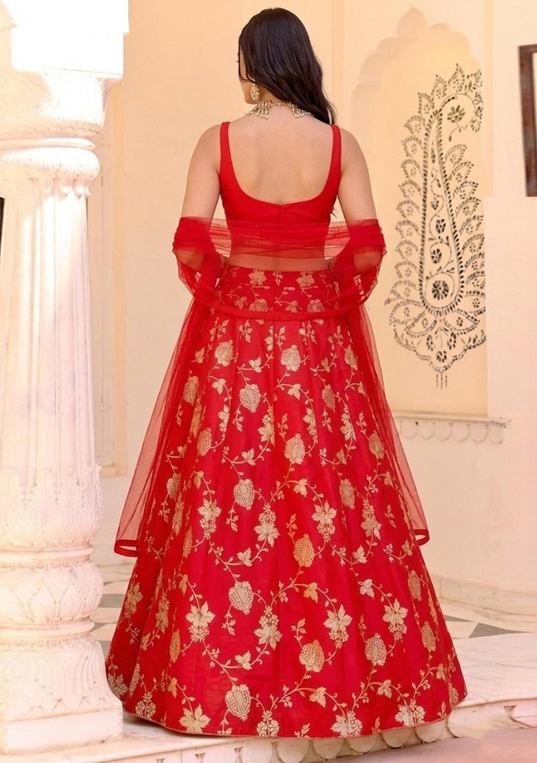 Scarlet Red Jacquard Silk Lehenga Set - Indya