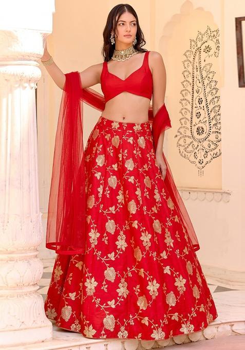 Scarlet Red Jacquard Silk Lehenga Set
