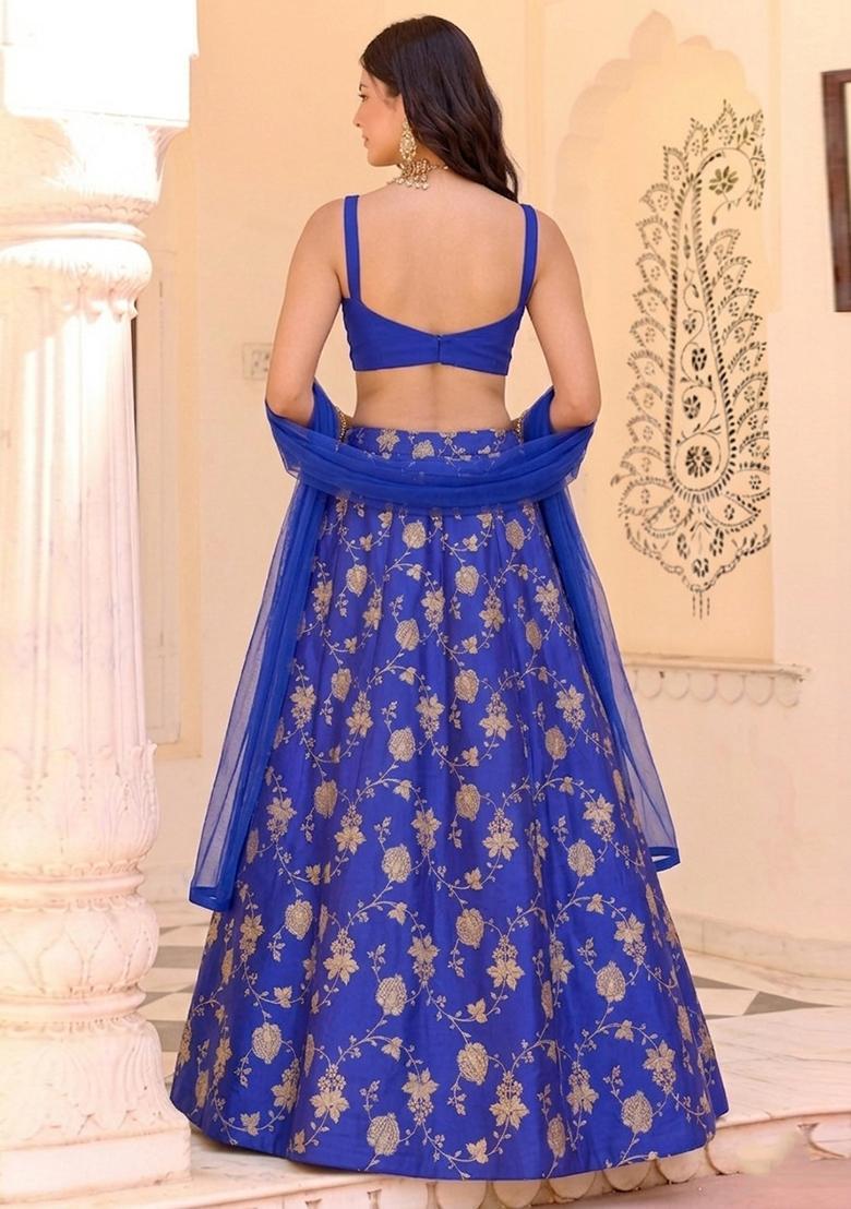 Royal Blue Jacquard Silk Lehenga Set - Indya
