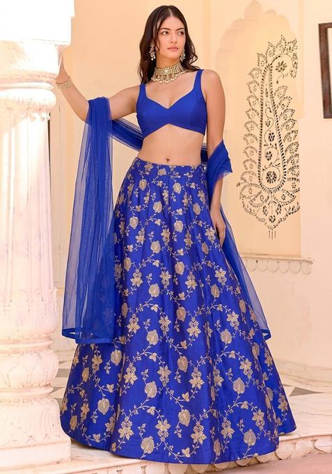 Royal Blue Jacquard Silk Lehenga Set
