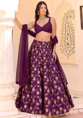 Plum Jacquard Silk Lehenga Set