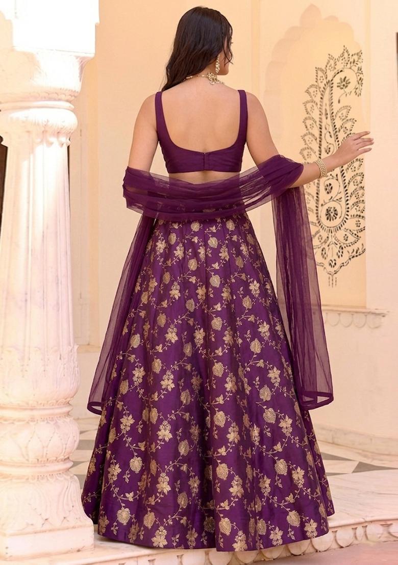 Plum Jacquard Silk Lehenga Set - Indya
