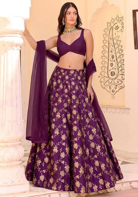 Plum Jacquard Silk Lehenga Set