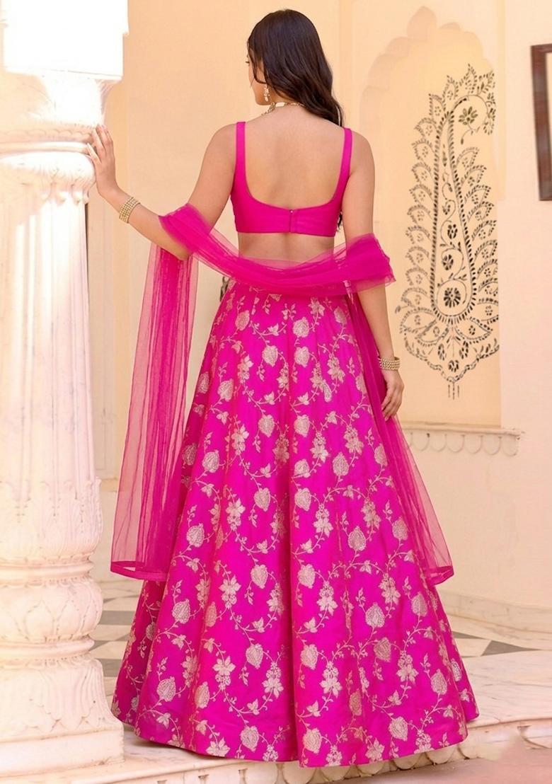 Magenta Jacquard Silk Lehenga Set - Indya