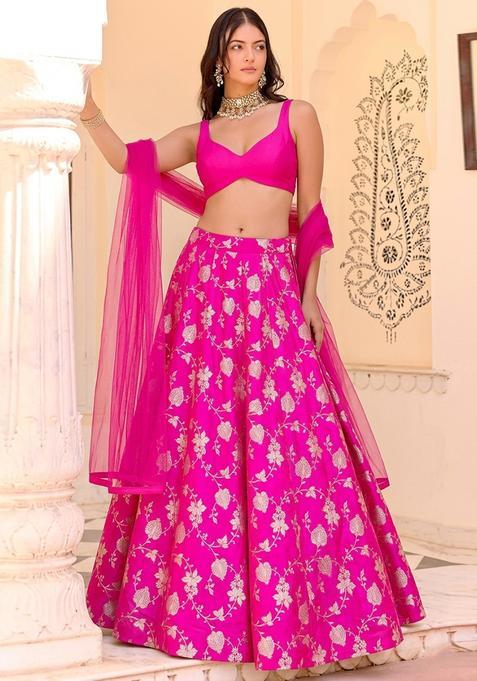 Magenta Jacquard Silk Lehenga Set