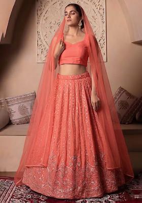 Coral Orange Embroidered Cosmos Lehenga Set