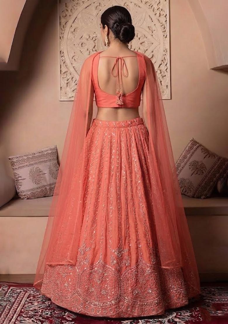 Coral Orange Embroidered Cosmos Lehenga Set - Indya