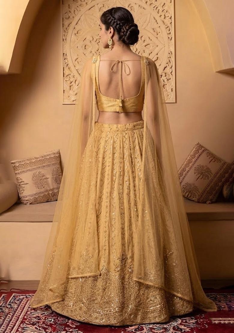 Gold Embroidered Cosmos Lehenga Set - Indya