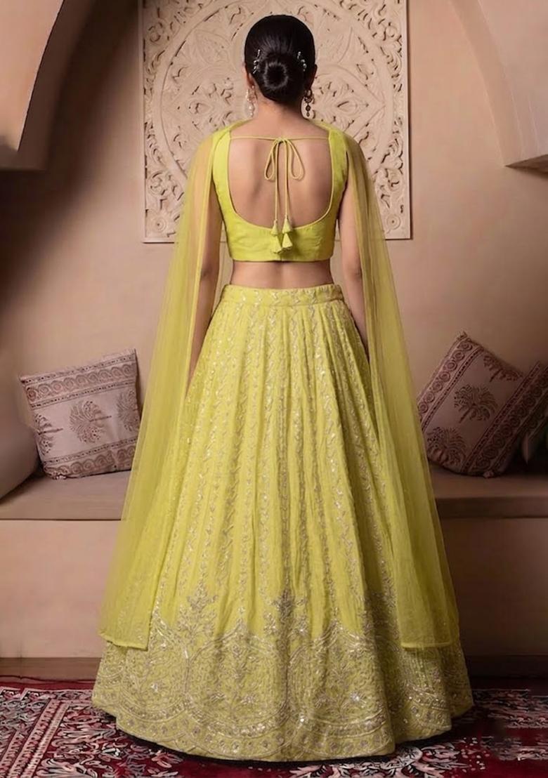 Lime Embroidered Cosmos Lehenga Set - Indya