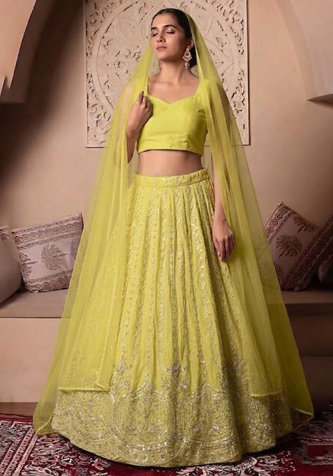 Lime Embroidered Cosmos Lehenga Set