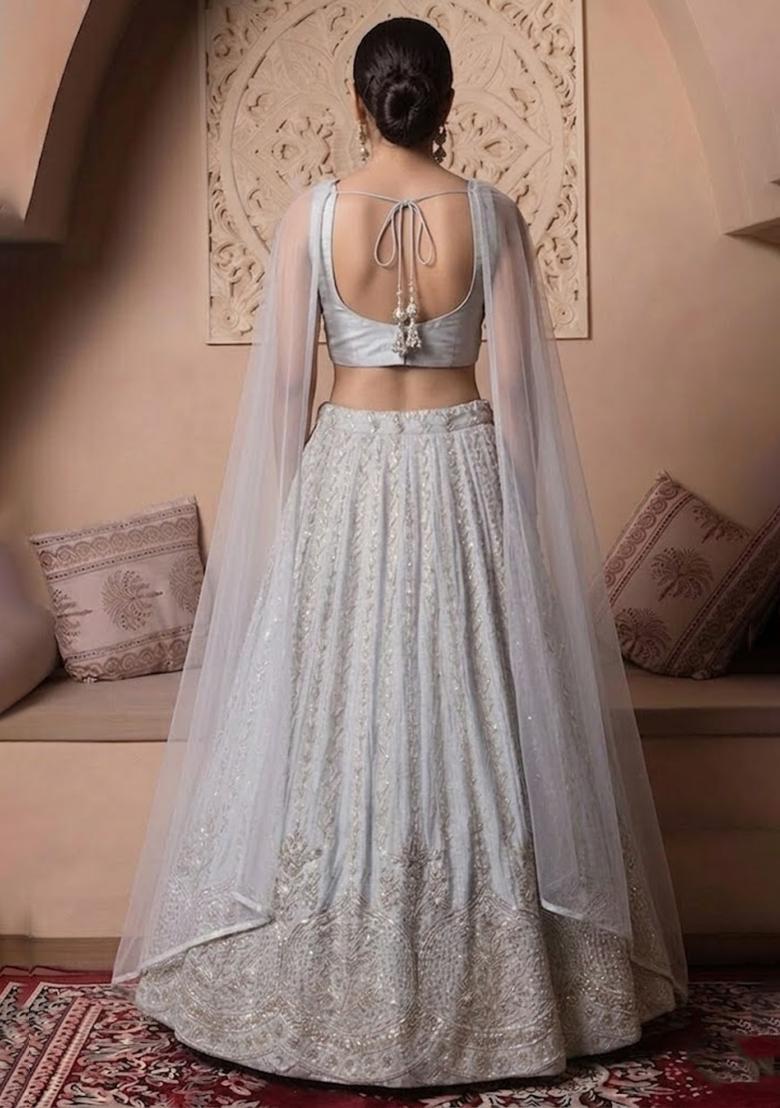Silver Embroidered Cosmos Lehenga Set - Indya