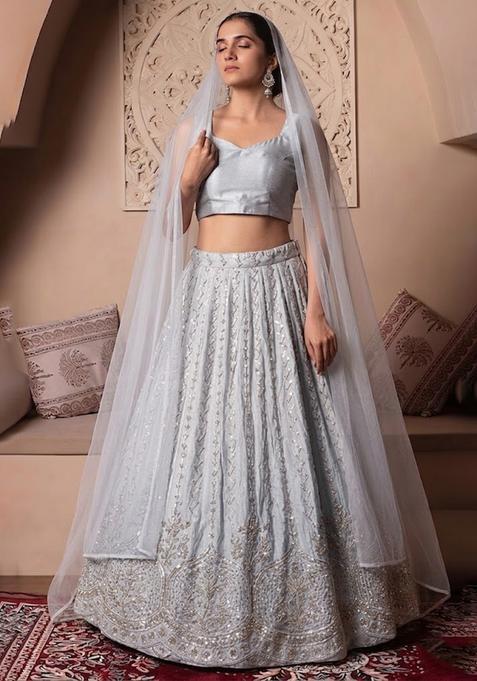 Silver Embroidered Cosmos Lehenga Set