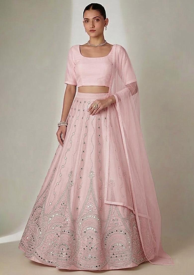 Baby Pink Embellished Tissue Lehenga Set - Indya
