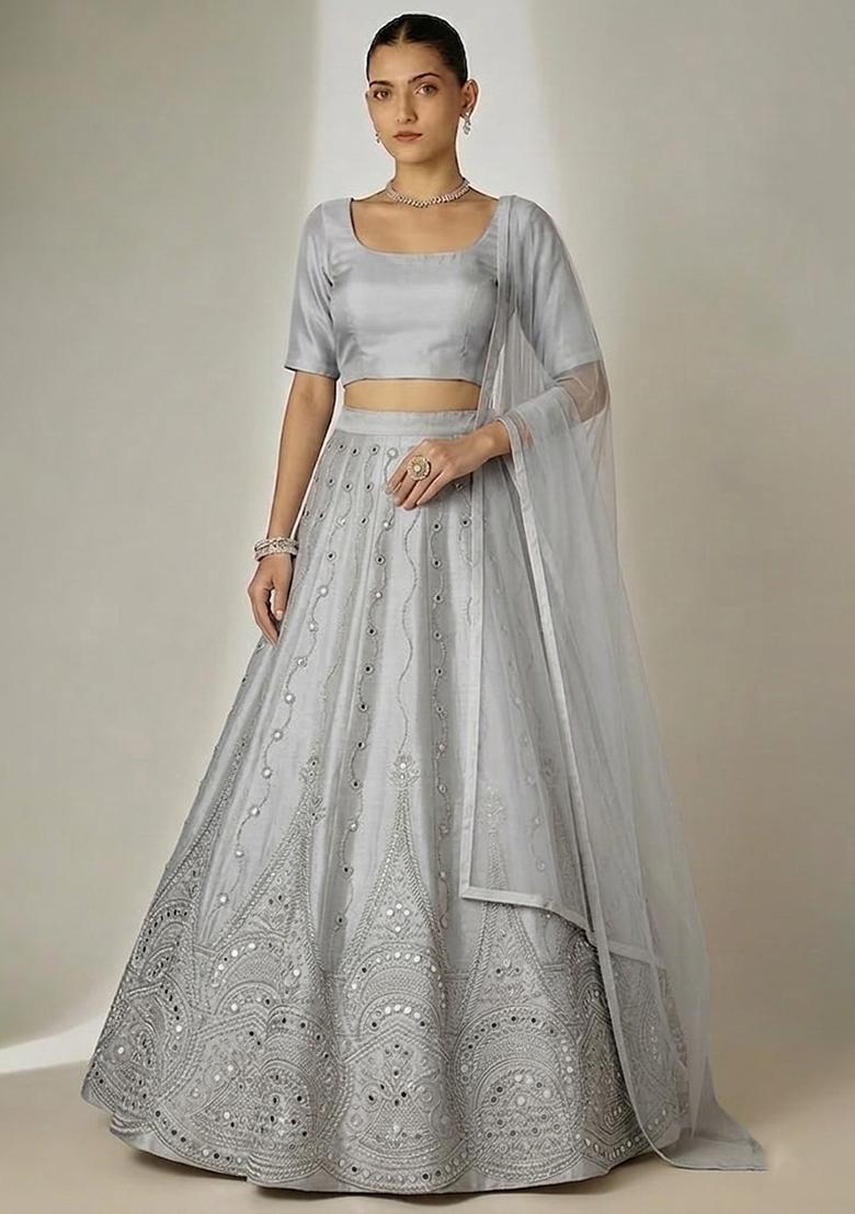 Silver Embellished Tissue Lehenga Set - Indya