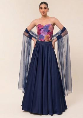 Navy Blue Floral Print Crepe Lehenga Set