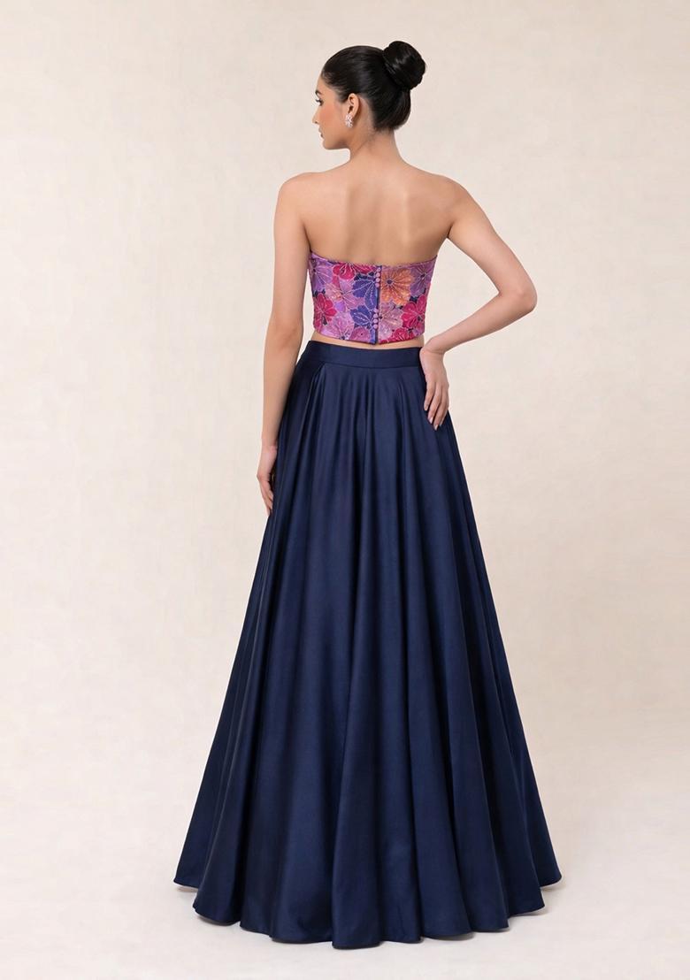 Navy Blue Floral Print Crepe Lehenga Set - Indya
