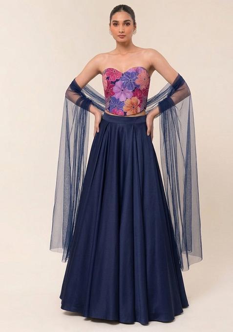 Navy Blue Floral Print Crepe Lehenga Set