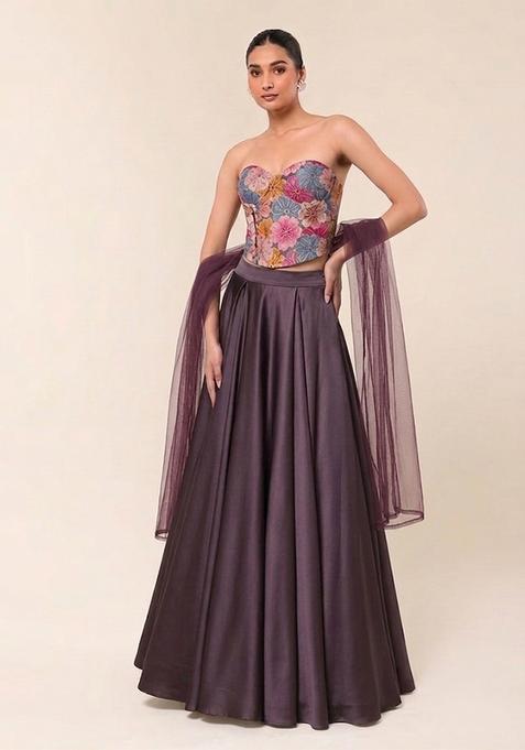 Mauve Floral Print Crepe Lehenga Set