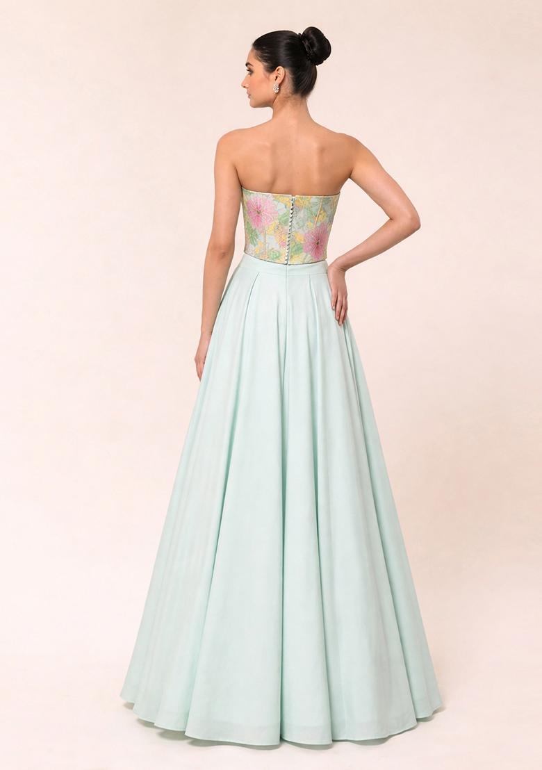 Sky Blue Floral Print Crepe Lehenga Set - Indya
