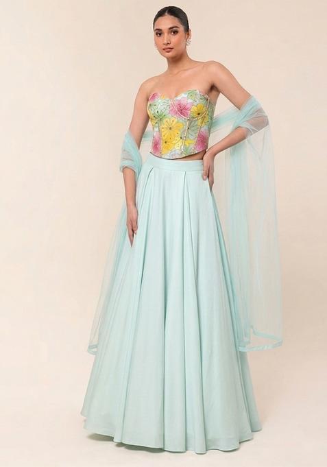 Sky Blue Floral Print Crepe Lehenga Set