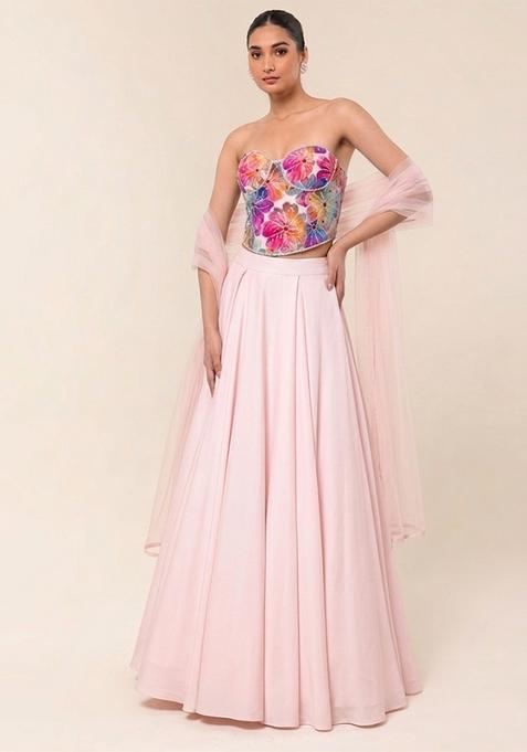Baby Pink Floral Print Crepe Lehenga Set