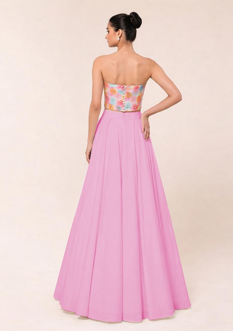 Light Pink Floral Print Crepe Lehenga Set - Indya