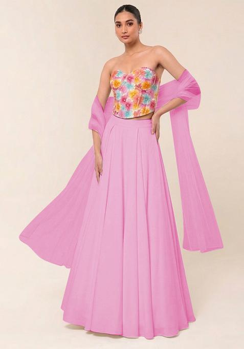 Off White Floral Print Crepe Lehenga Set