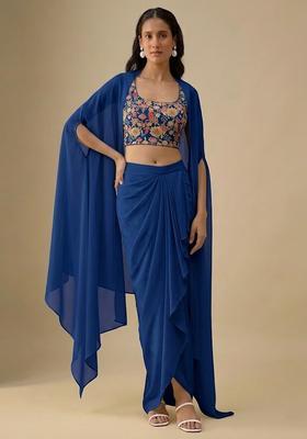Royal Blue Floral Print Crepe Fusion Set