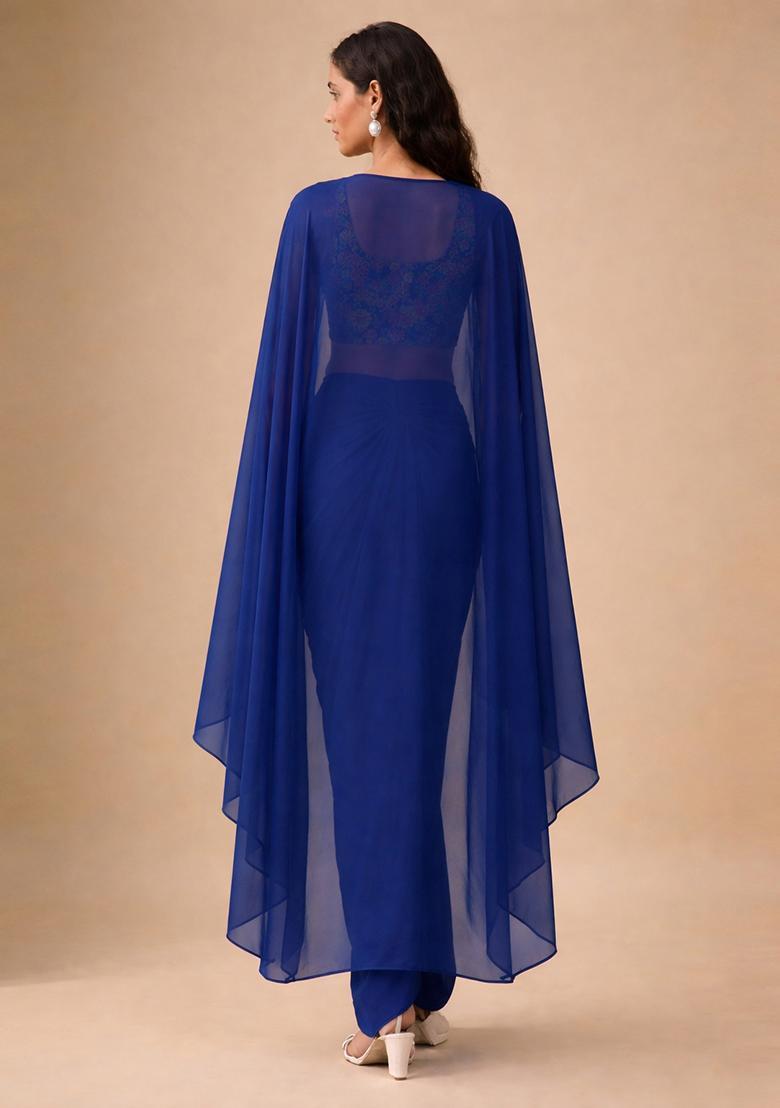 Royal Blue Floral Print Crepe Fusion Set - Indya