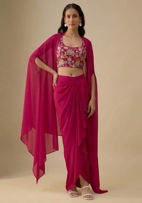 Dark Pink Floral Print Crepe Fusion Set