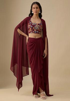 Maroon Floral Print Crepe Fusion Set