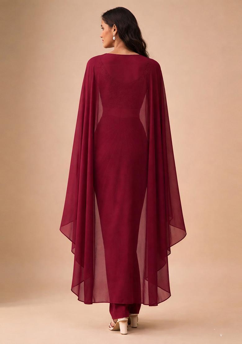 Maroon Floral Print Crepe Fusion Set - Indya