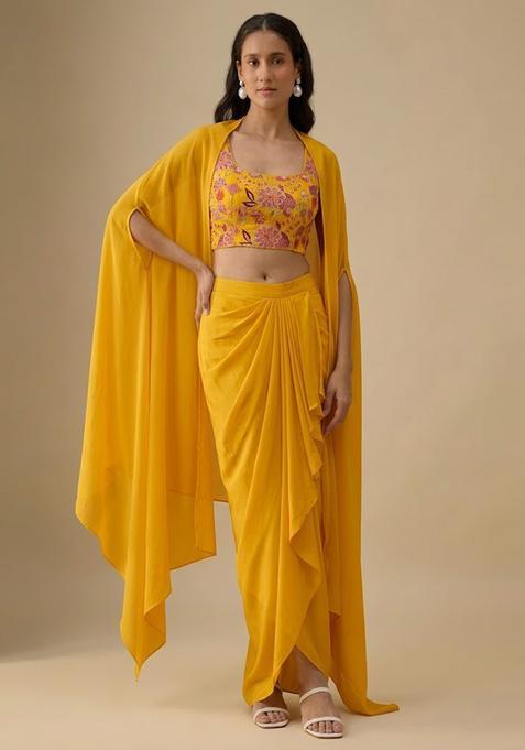Yellow Floral Print Crepe Fusion Set