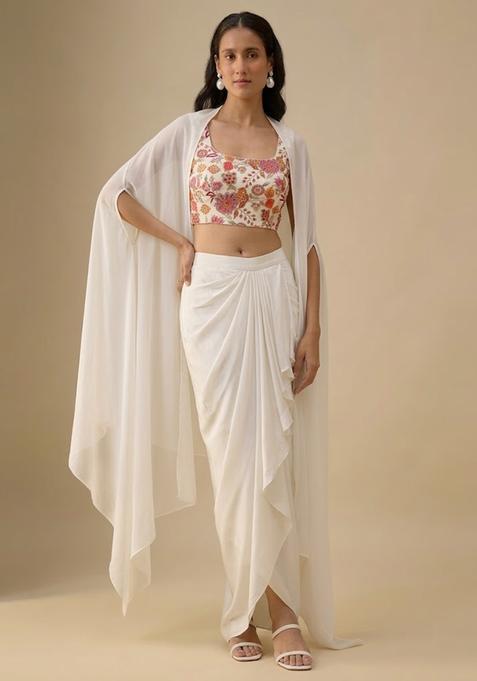 Off White Floral Print Crepe Fusion Set