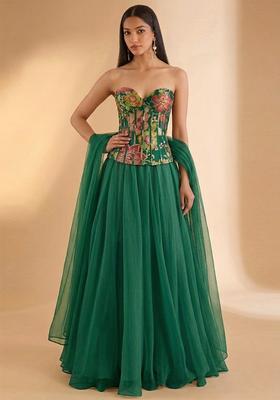 Emerald Green Printed Organza Fusion Set