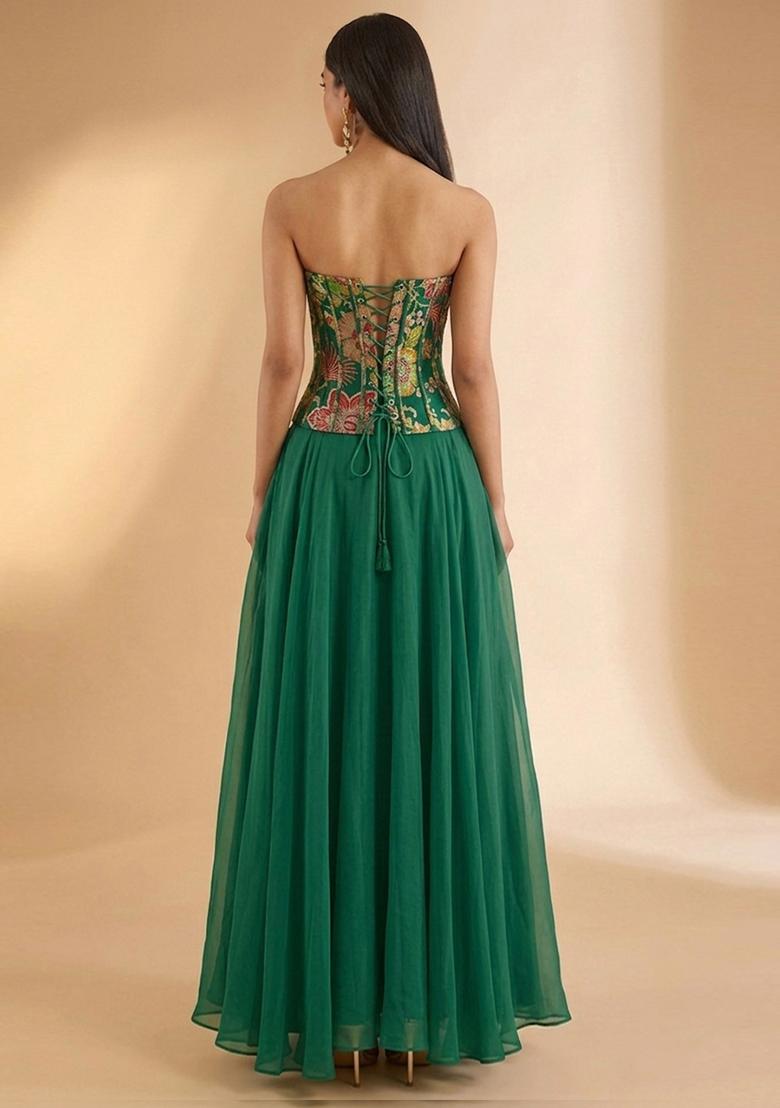 Emerald Green Printed Organza Fusion Set - Indya
