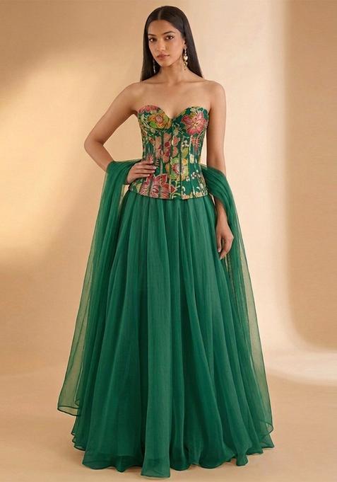 Emerald Green Printed Organza Fusion Set