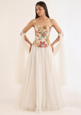 Off White Printed Organza Fusion Set