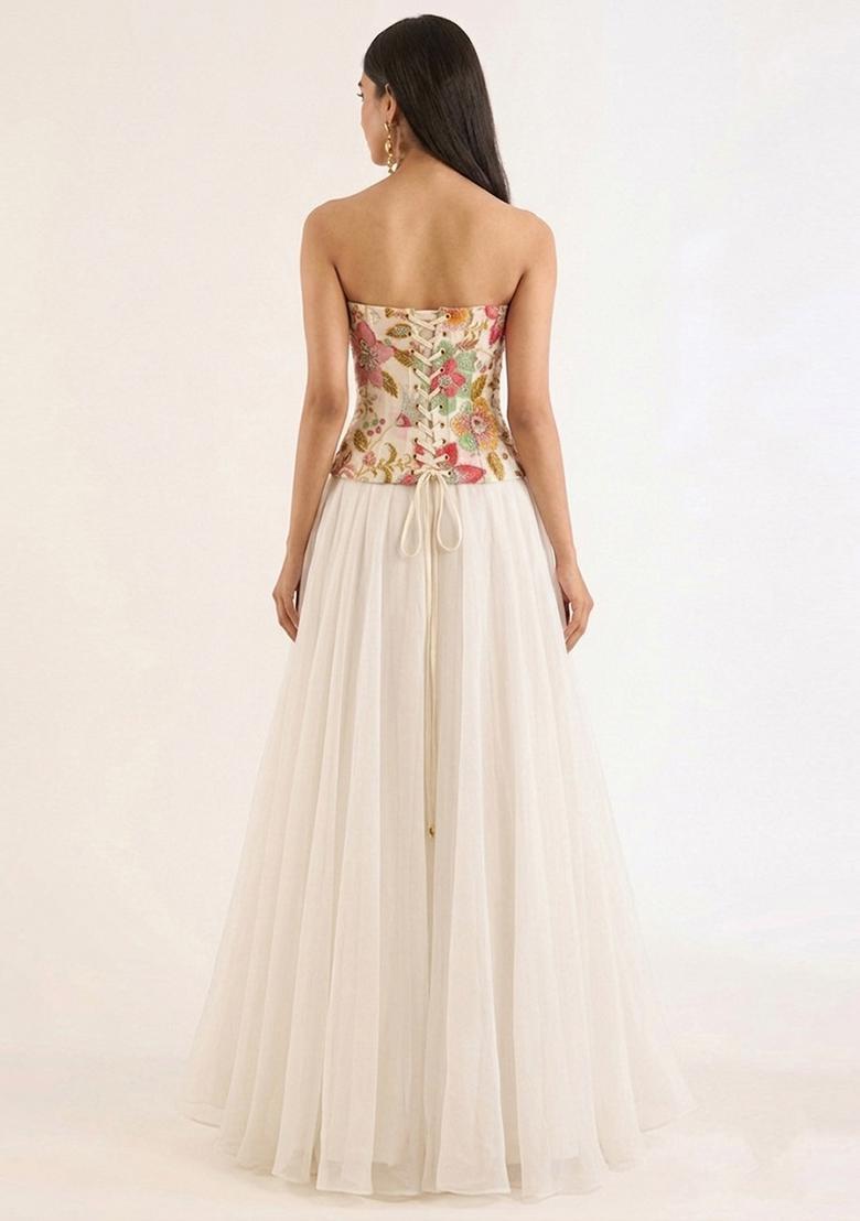 Off White Printed Organza Fusion Set - Indya