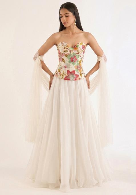 Off White Printed Organza Fusion Set