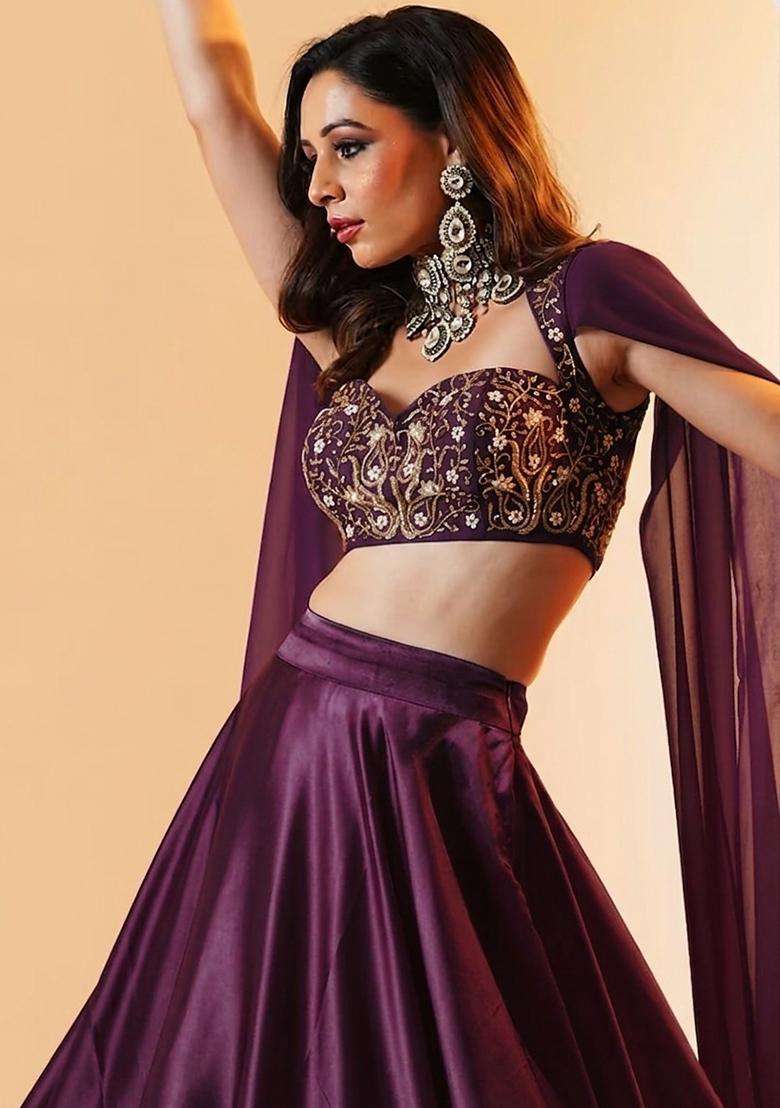 Purple Embroidered Handwork Lehenga Set - Indya
