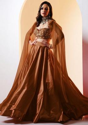 Rust Brown Embroidered Handwork Lehenga Set