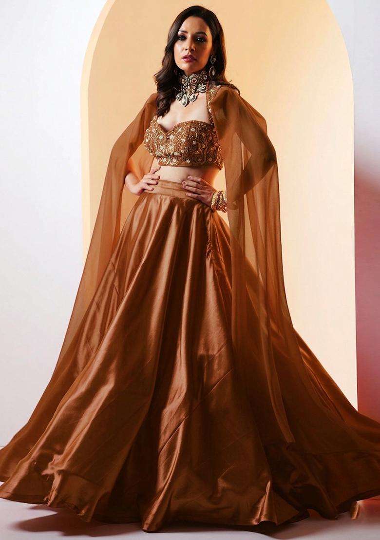 Rust Brown Embroidered Handwork Lehenga Set - Indya