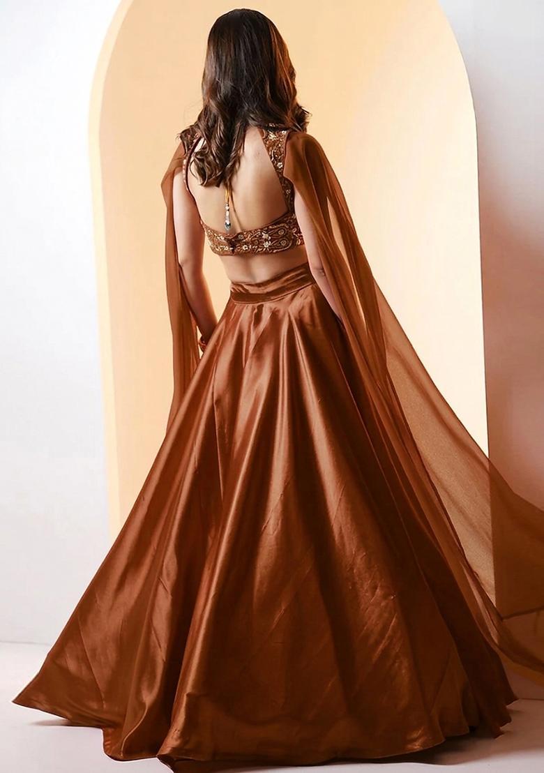 Rust Brown Embroidered Handwork Lehenga Set - Indya