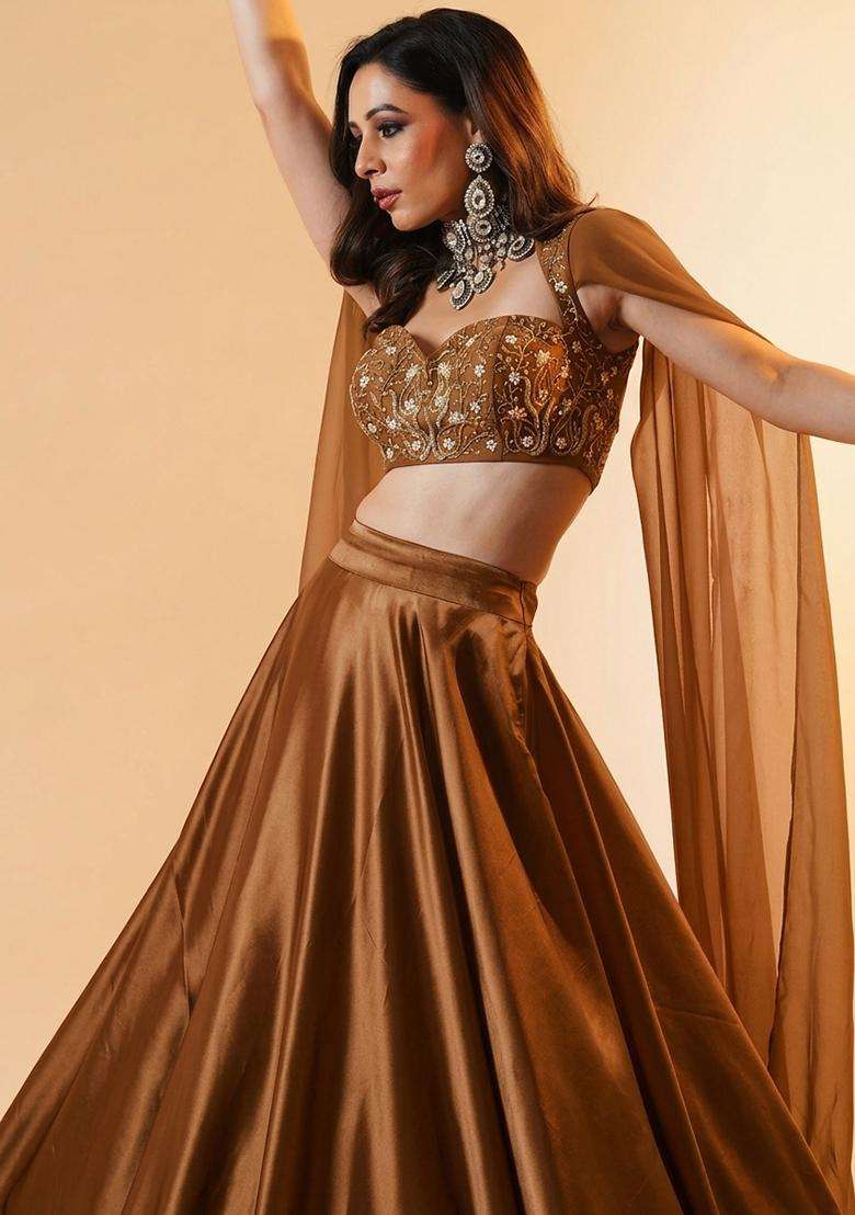 Rust Brown Embroidered Handwork Lehenga Set - Indya
